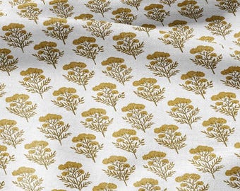 Tela 100% lino con estampado floral mostaza - tela de lino grueso con estampado de tanaceto para tapicería, decoración del hogar y confección de vestidos 2812