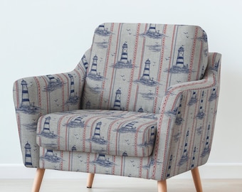 100% LINEN Fabric UPHOLSTERY 12oz - lighthouse blue red print on linen - Modern vintage Victorian coastal marine upholstery 2777