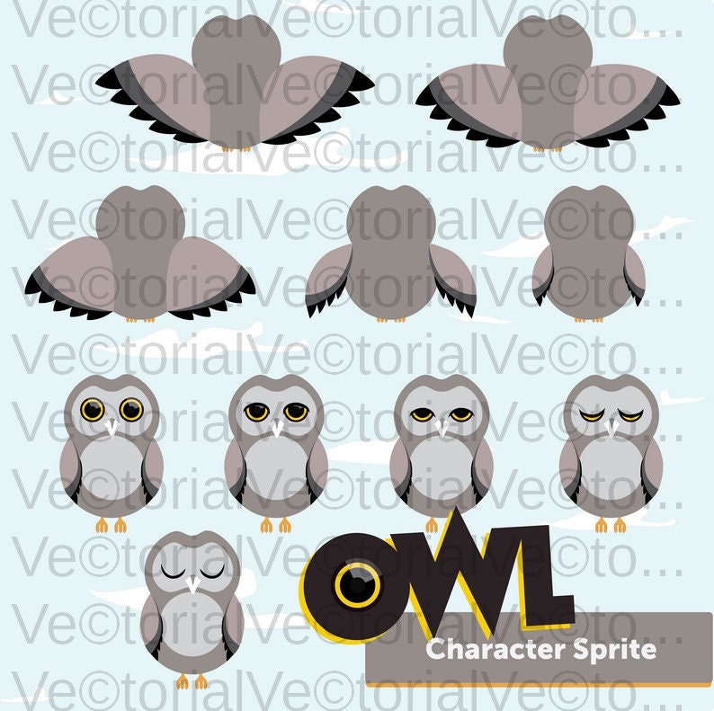 Svg Set Owl Grey Character Sprite Vector Svg Eps Dxf Pdf Etsy