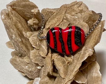 Handmade Lampwork Glass Red Dichroic HEART Necklace Flamework Art Glass Minimalist Great Gift