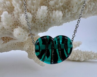 Handmade Lampwork Glass Dichroic Teal HEART Necklace Flamework Art Glass Minimalist Gift