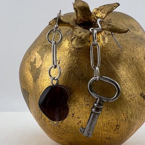 Lampwork Glass Key to My Heart Earrings Handmade Vintage Skeleton Key Purple Heart Minimalist Great Gift