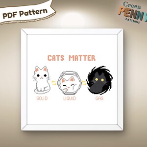 Könnte beinhalten: Ein Kreuzstichmuster mit drei Katzen in verschiedenen Aggregatzuständen: fest, flüssig und gasförmig. Der Text "Cats Matter" befindet sich über den Katzen.