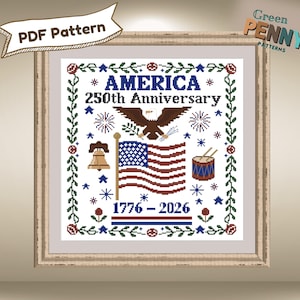 America 250th Anniversary Flag Patriotic Sampler - Cross Stitch Pattern, Instant Download, PDF Pattern
