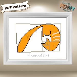 May include: A digital illustration of an orange cat with a white chest, curled up in a sleeping position. The cat is divided into squares, each labeled with a number representing the Fibonacci sequence. The text "Fibonacci Cat" is below the image.