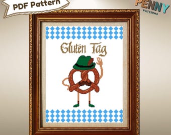 May include: A cross-stitch pattern featuring a cartoon pretzel with a green hat and a mustache. The pretzel is wearing a green hat with a feather and has a mustache. The text "Gluten Tag" is above the pretzel. The background is a blue and white checkered pattern.