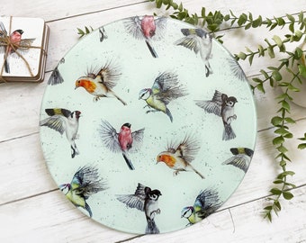 Flying Garden Bird, Round Glass Chopping Board, Worktop Saver