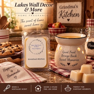 May include: A ceramic wax warmer with a speckled cream finish and the black text Good Food Brings Back Sweet Memories, accompanied by a clear plastic clamshell package containing a light tan wax melt labeled Grandma's Kitchen.