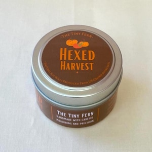 Hexed Harvest candle, Spooky candle, Small candle, Tin Candle, Pumpkin Spice, Cinnamon, Vanilla
