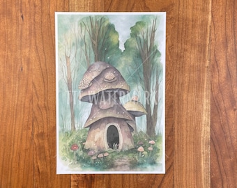 Mushroom cottage art print, Fantasy print, Cottagecore gift, Mushroom art, Watercolor art print, Fairycore decor