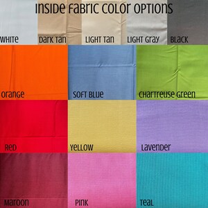 Op de afbeelding: Een kaart met stofkleuropties voor een product. De kleuren omvatten wit, donkerbruin, lichtbruin, lichtgrijs, zwart, oranje, zachtblauw, chartreusegroen, rood, geel, lavendel, donkerrood, roze en teal.
