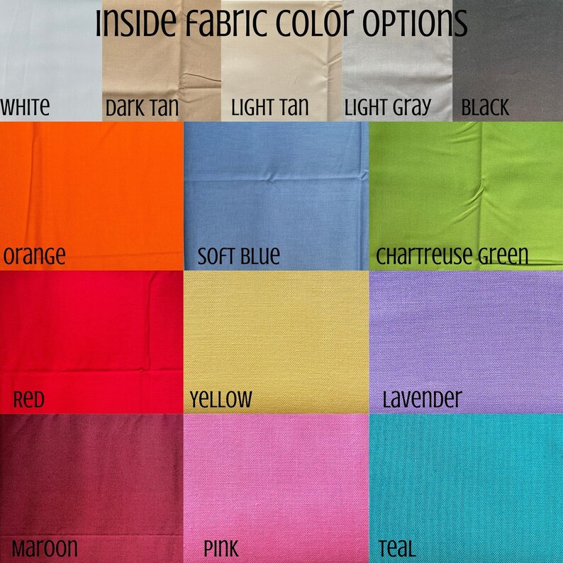 Op de afbeelding: Een kaart met stofkleuropties voor een product. De kleuren omvatten wit, donkerbruin, lichtbruin, lichtgrijs, zwart, oranje, zachtblauw, chartreusegroen, rood, geel, lavendel, donkerrood, roze en teal.