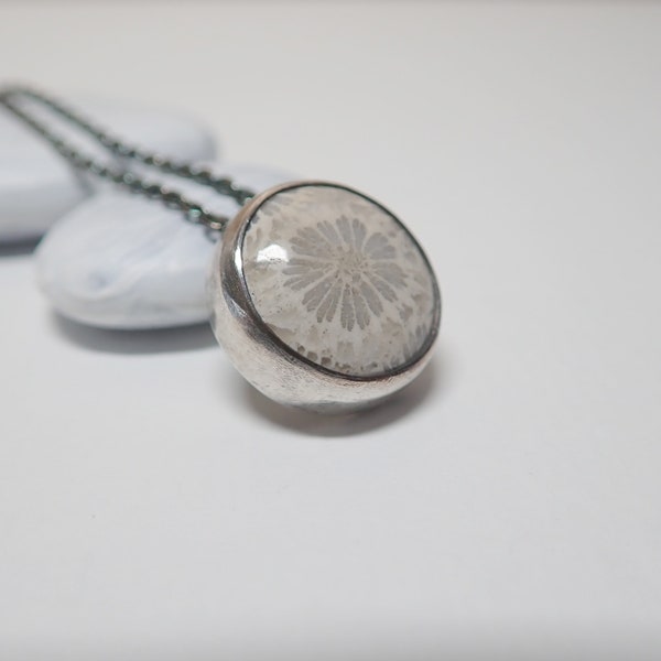 Grey Coral Fossil Silver Pendant Necklace, Gift for her, Handmade Jewelry by Naheyiyi