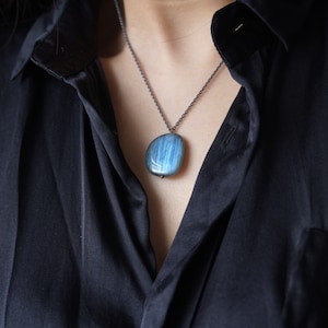 Blue and golden Labradorite Necklace, Tree trunk silhouette stone, Sterling Silver Pendant