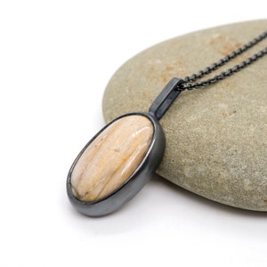 Petrified Wood Pendant; Oxidized Silver Stone Setting Necklace; Statement Necklace;
