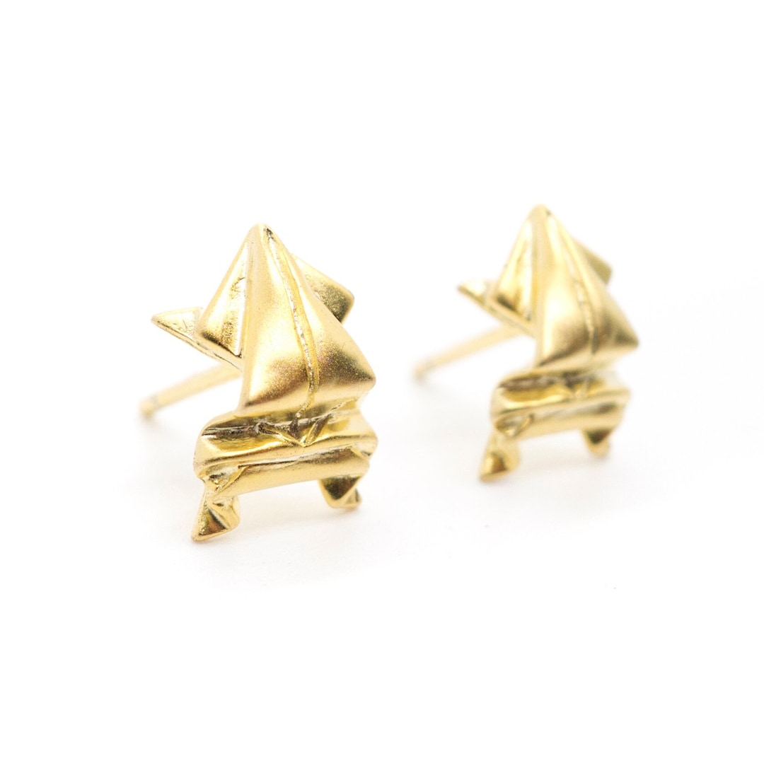 Gold Origami Frog Stud Earrings; Tiny Paper Folding Art Jewelry; Cute ...
