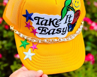 Patch Trucker Hat - take it easy trucker Hat, Trucker Hat, Custom Trucker Hat, Patchy Trucker Hat, Yellow Trucker Hat, Trendy Patch Hat