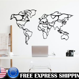 Black Lines - Metal World Map Traveler Gift Office Wall Art World Map Art Art Living Room Decor Steel World Map