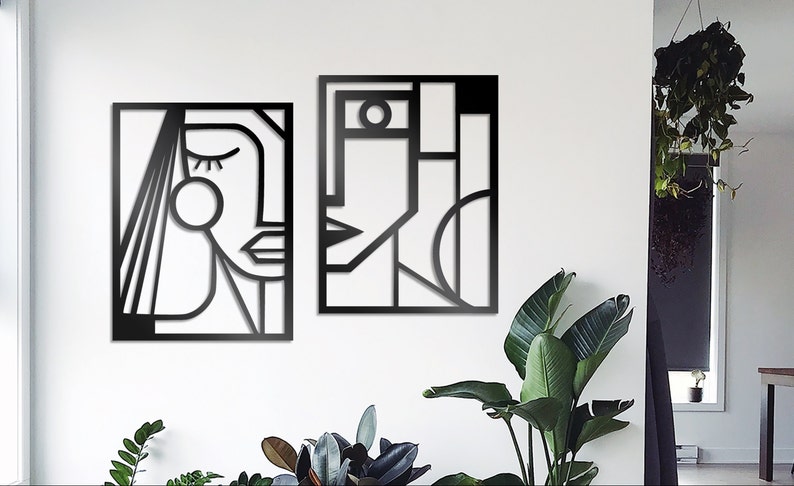 Line Art Faces Metal Wall Art Set of 2 Man & Woman Metal Art Geo Metal ...
