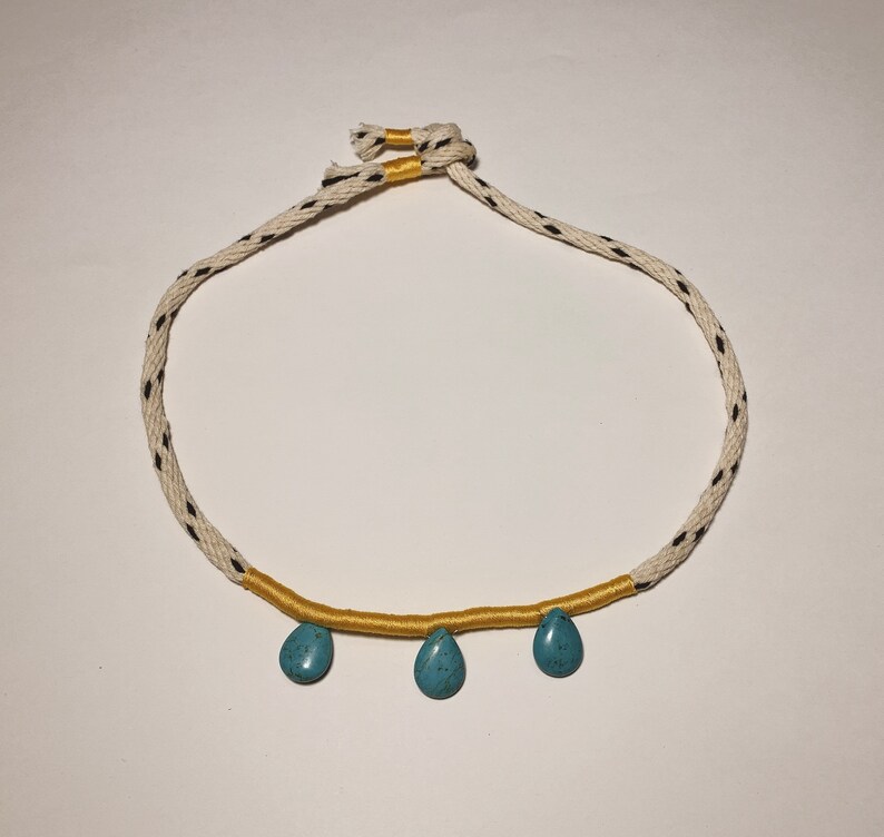 Handmade Turquoise Bead and Gold Cotton Cord Necklace