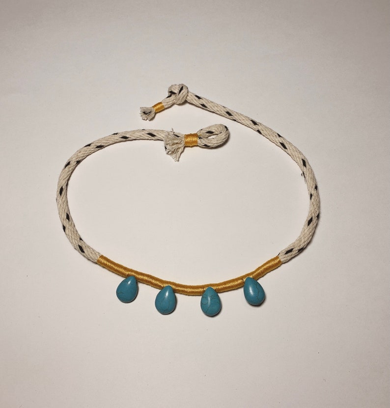 Handmade Turquoise Bead and Gold Cotton Cord Necklace