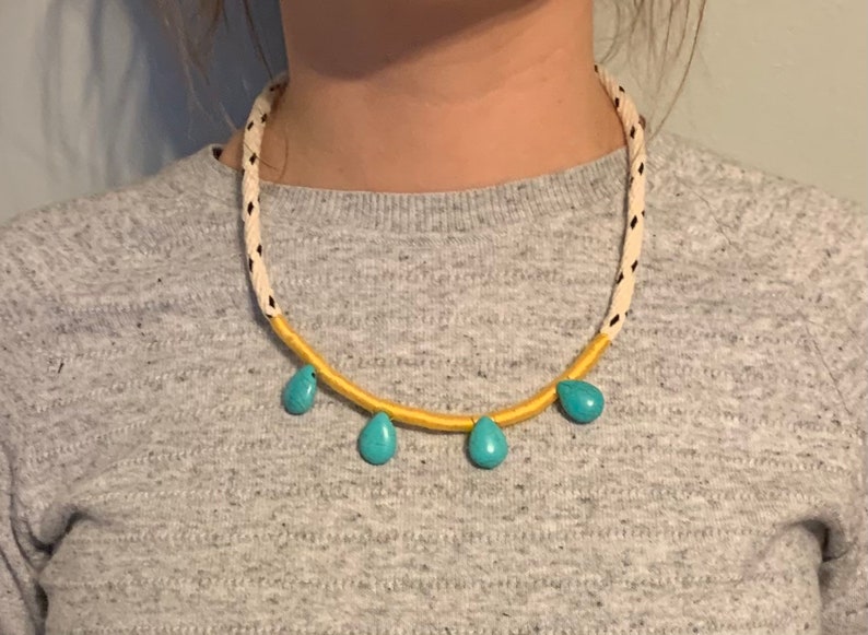 Handmade Turquoise Bead and Gold Cotton Cord Necklace