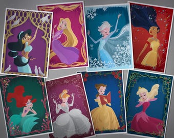 Disney princess art prints collection pack Jasmine, Rapunzel, Elsa, Belle, Ariel, Sleeping Beauty, Cinderella and Pocahontas