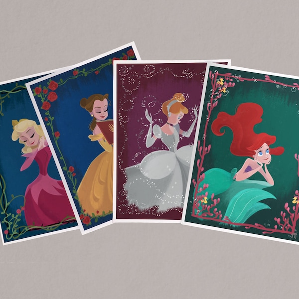 Disney princess art prints collection pack Belle, Cinderella, Sleeping Beauty and Ariel
