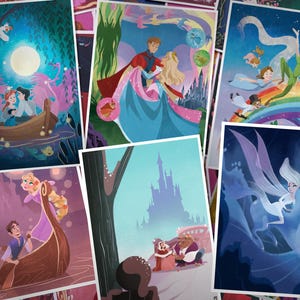 Pacchetto collezione stampe d'arte Disney Frozen, Tangled (Raperonzolo), La Bella e la Bestia, La Sirenetta, La Bella Addormentata e Peter Pan