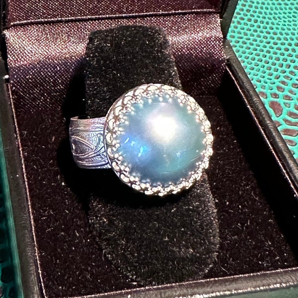 Blue Mabé Pearl Ring, Pearl Ring, Crown Ring, Pearl and Crown Ring, Steel Blue Pearl, Pearl, Bridal, Something Blue, Valentine, Mother's Day