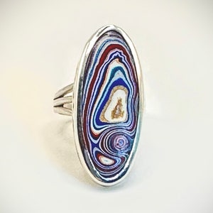 Fordite Sterling Silver Ring: Detroit Agate Statement Jewelry, Size 7.5