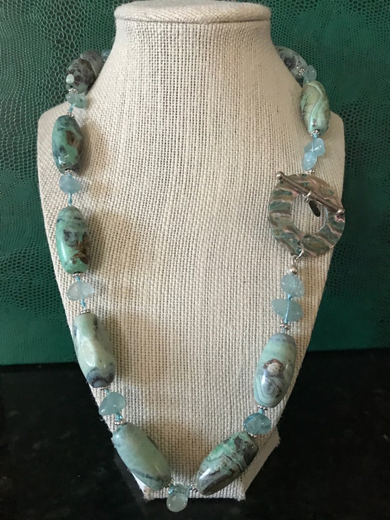 Abalone, Aquamarine, Dragon Breath, Abalone Necklace, Dragon Breath Barrel Beads with Aquamarines and Abalone Toggle Clasp