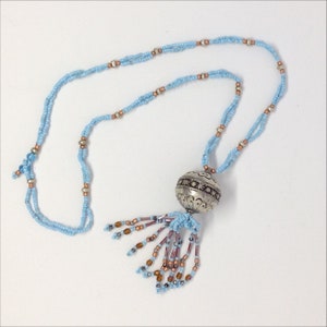 Moroccan Silver Bead with Brown and Turquoise Tassel Necklace