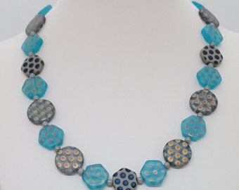 Czech Pressed Glass Blue Bead Necklace