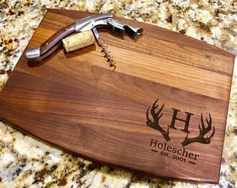 Rustic Wedding Gift, Custom cutting board, Wedding Gift, Personalized Couple Gift, Anniversary, Family Name, Deer Antlers, Walnut, Maple