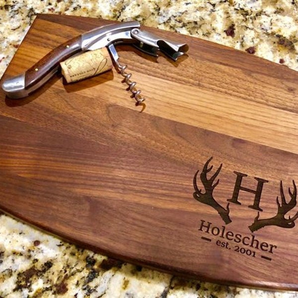 Rustic Wedding Gift, Custom cutting board, Wedding Gift, Personalized Couple Gift, Anniversary, Family Name, Deer Antlers, Walnut, Maple