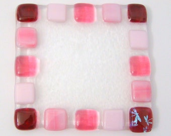 Light and Dark Pink Checkerboard Edge Glass Drink Coaster or Candle Dish with Dragonfly Corner