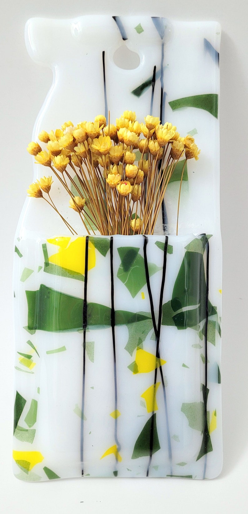 New Green White and Yellow Glass Wall Vase, Water Tight, Yellow Straw