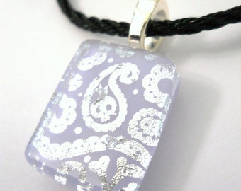 Silver Dichroic Glass Paisley Lavender Pendant Necklace