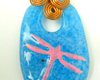 New Blue Glass Pendant Pink Dichroic Glass Dragonfly Copper with Wire Wrap Detail