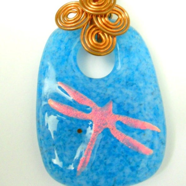 New Blue Glass Pendant Pink Dichroic Glass Dragonfly Copper with Wire Wrap Detail