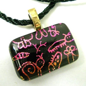 New "Critters" in Hot Pink Dichroic Glass Pendant Necklace Gold Plated Bail and Expandable Black Silk Cord