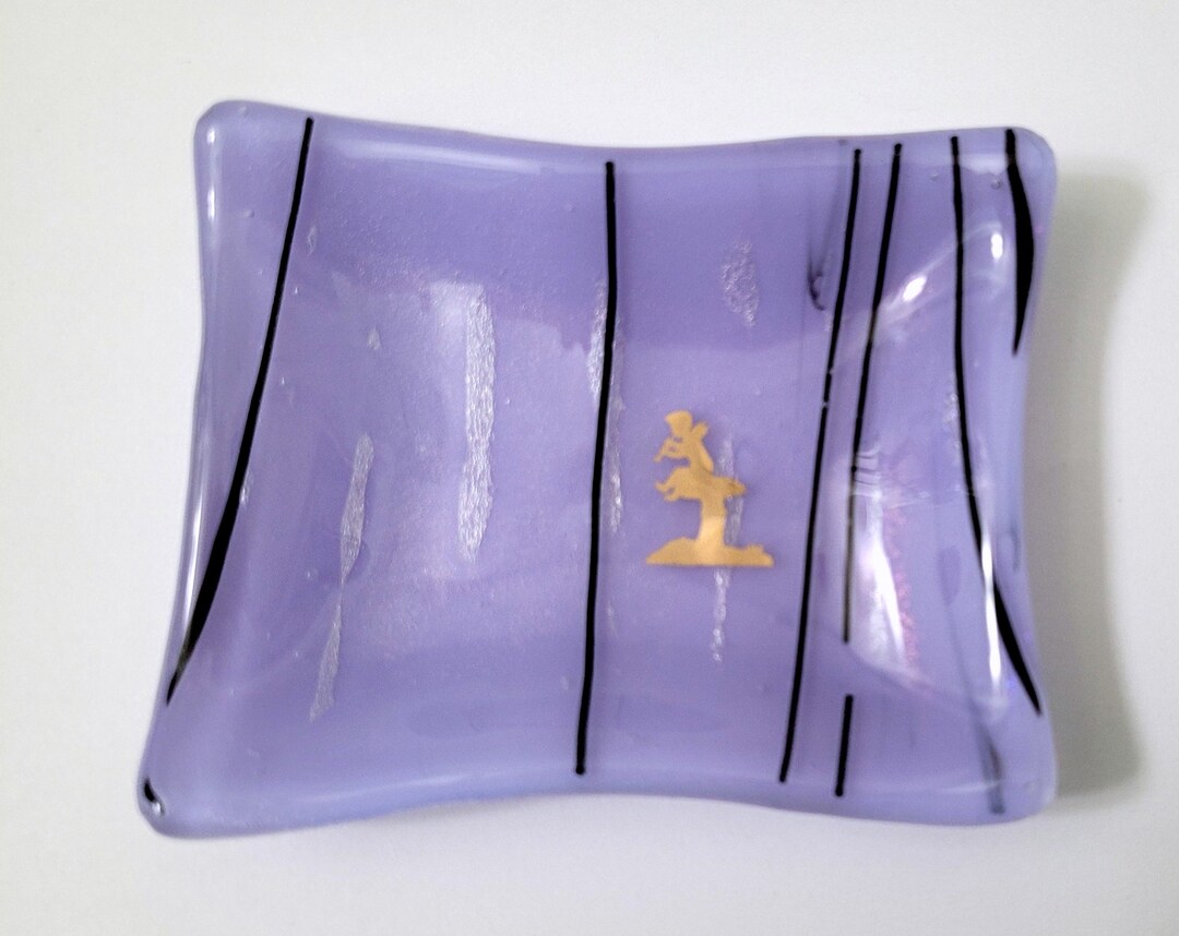 New Lavender Purple Glass Jewelry Dish 22K Gold Fairy on Mushroom