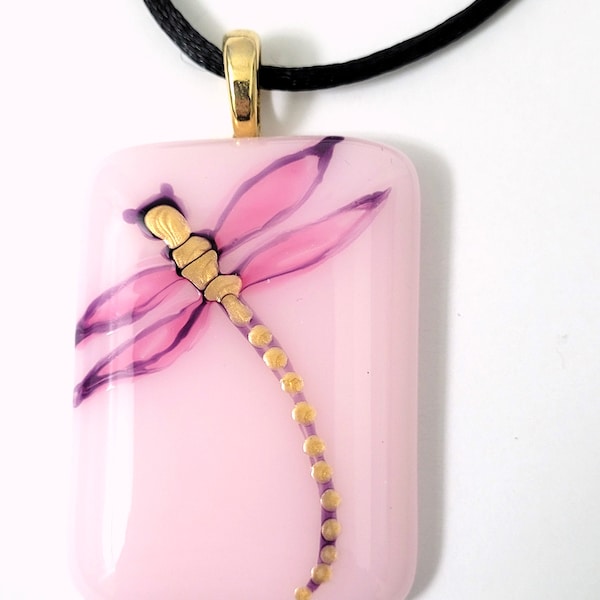 New Pink Fused Glass Dragonfly Pendant Necklace Gold Paint Dots Plus Gift Box