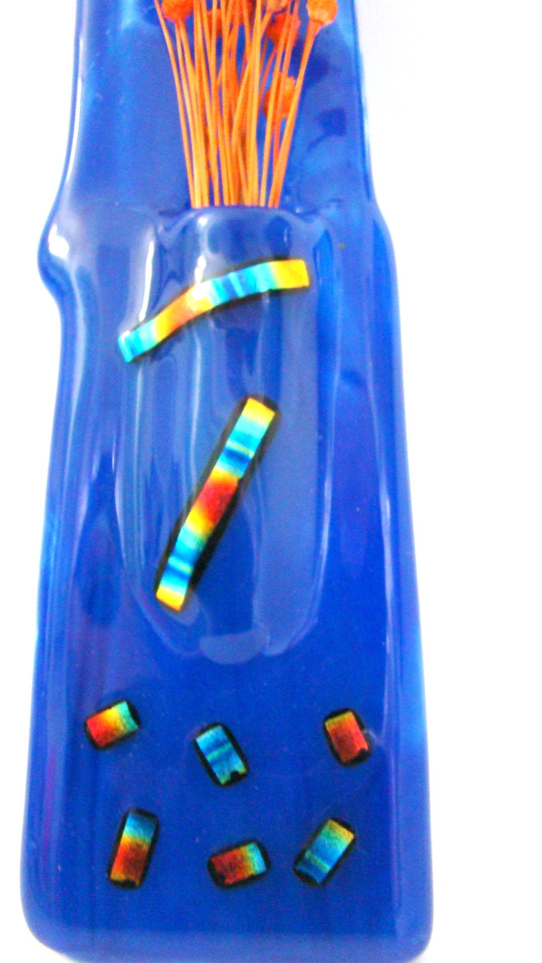 Cobalt Blue Wall Vase With Orange Abstract Dichroic Glass Etsy