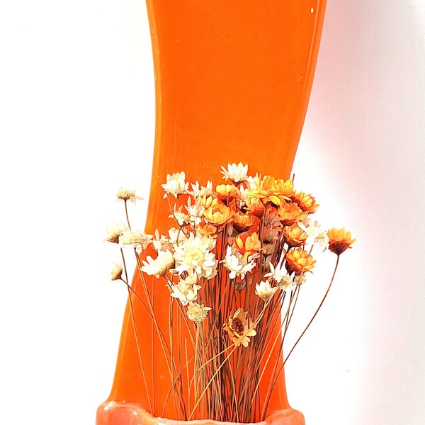 New Orange Glass Wall Vase with Dichroic Dots is Water Tight Includes Flowers Seen