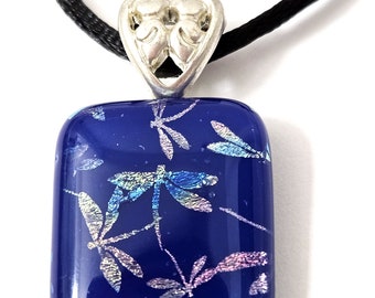 New Blue Fused Glass Pendant Necklace with Dichroic Glass Dragonflies and Silver Plated Heart Bail