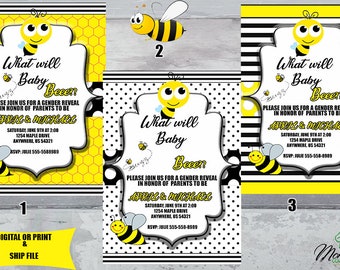 DIGITAL ONLY- Bee Baby Shower Invitation, Gender Reveal Invitation- What will baby bee? Digital 5x7 party bee, Honeycomb he she girl boy,