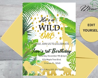 Editable, DIGITAL Only- Wild ONE Birthday Party Invitation, Golden Safari Party,  WildONE, Wild ONE Birthday, Safari Party