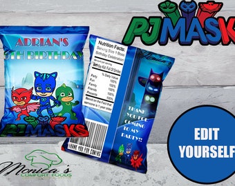 EDITABLE-PJ Masks Birthday Party, gift bag, Chip Bag Template- Digital Download
